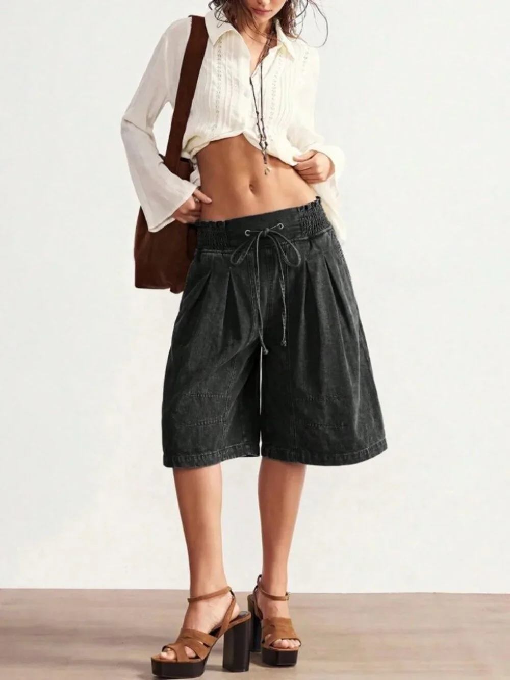 Black Denim Bermuda Shorts - Smocked Waist Drawstring